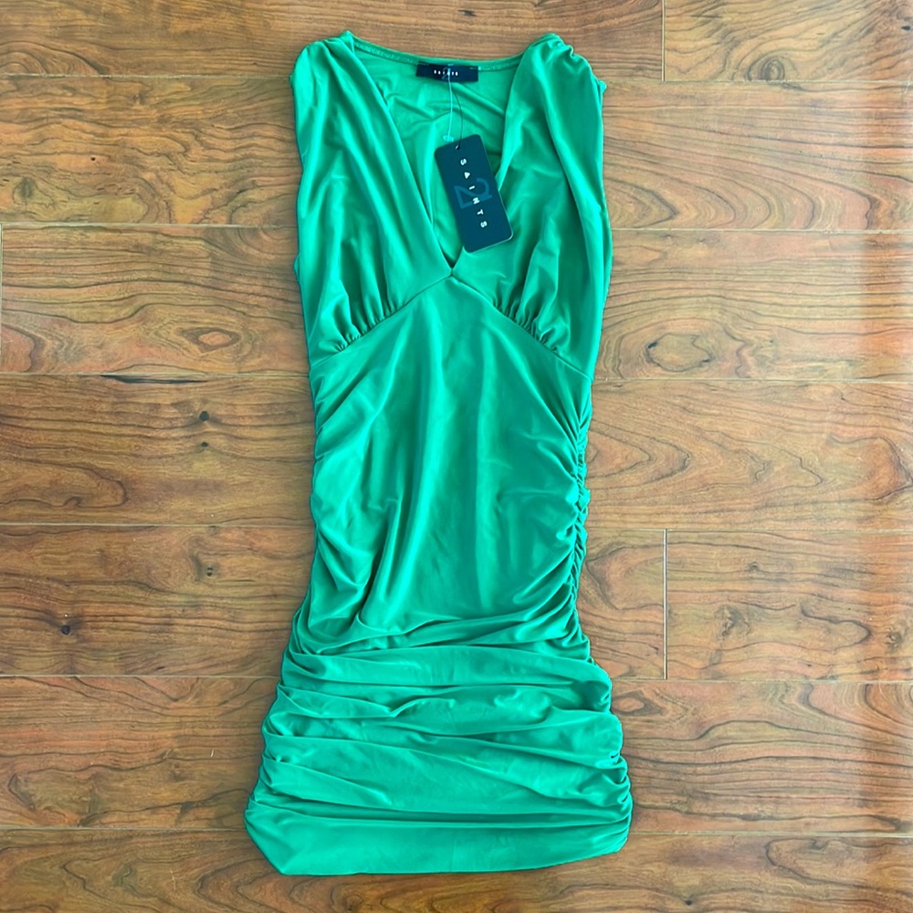 NWT All Saints Green V Neck Ruched Mini Bodycon Dress
